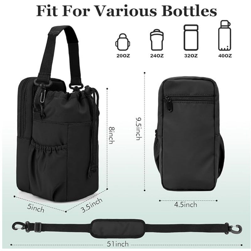 Grey Portable Crossbody Water Bottle Holder with Multiple Pockets - Thermal Cooler Bag
