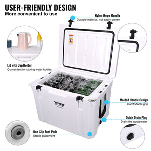VEVOR Insulated Portable Cooler, 60L, Holds 65 Cans, Ice Retention Hard Cooler with Heavy Duty Handle, Ice Chest Lunch Box for Camping, Beach, Picnic, Travel, Outdoor, Keeps Ice for up to 6 Days