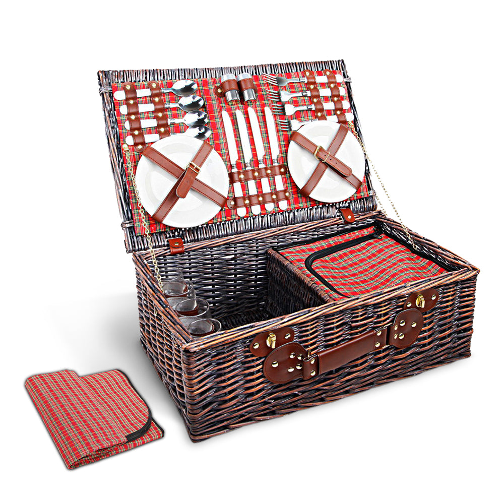 Alfresco 4 Person Picnic Basket Wicker Picnic Set Outdoor Insulated Blanket