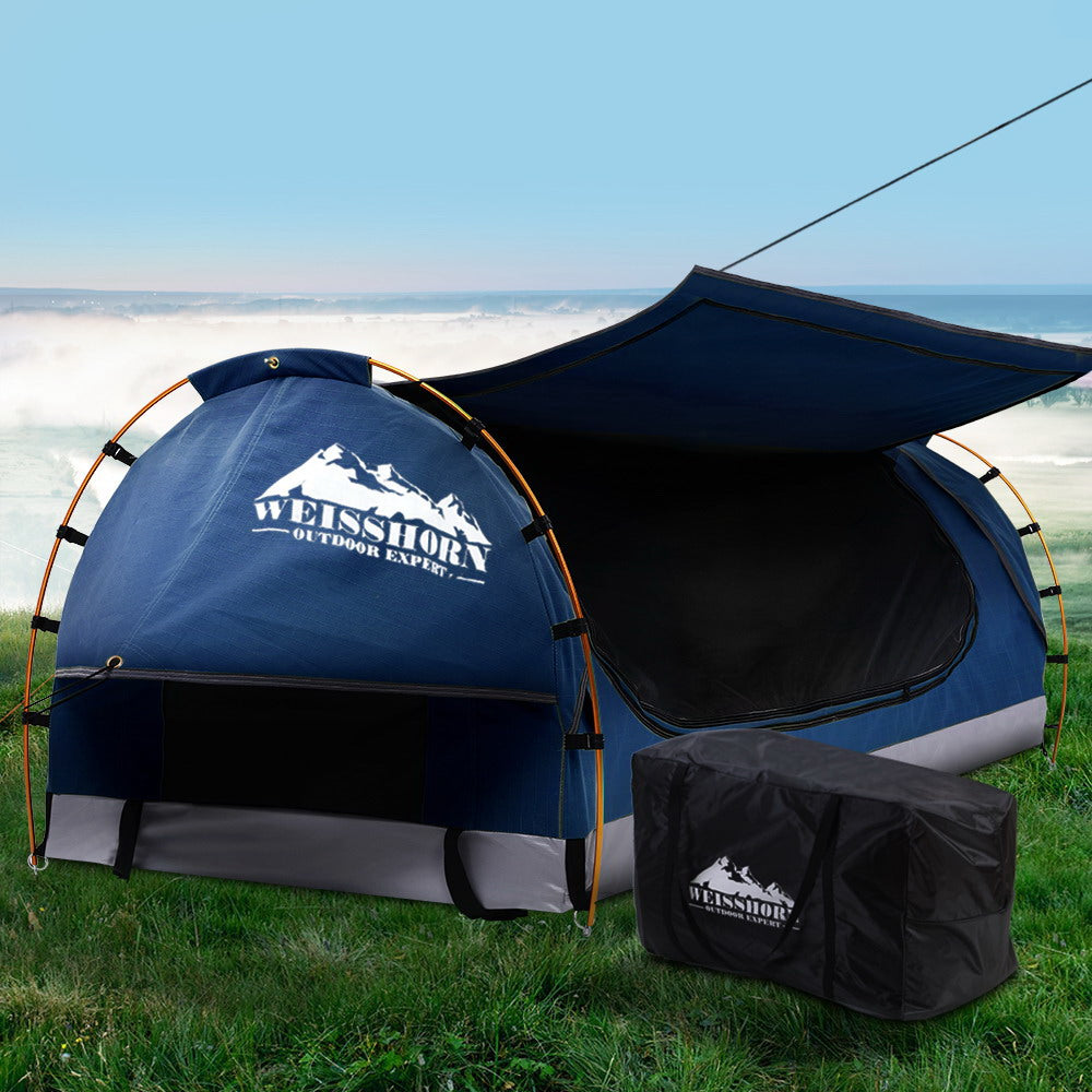 Weisshorn Swag King Single Camping Swags Canvas Free Standing Dome Tent Dark Blue with 7cm Mattress