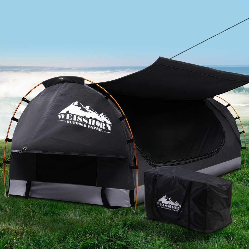 Weisshorn Swag King Single Camping Swags Canvas Free Standing Dome Tent Dark Grey with 7cm Mattress